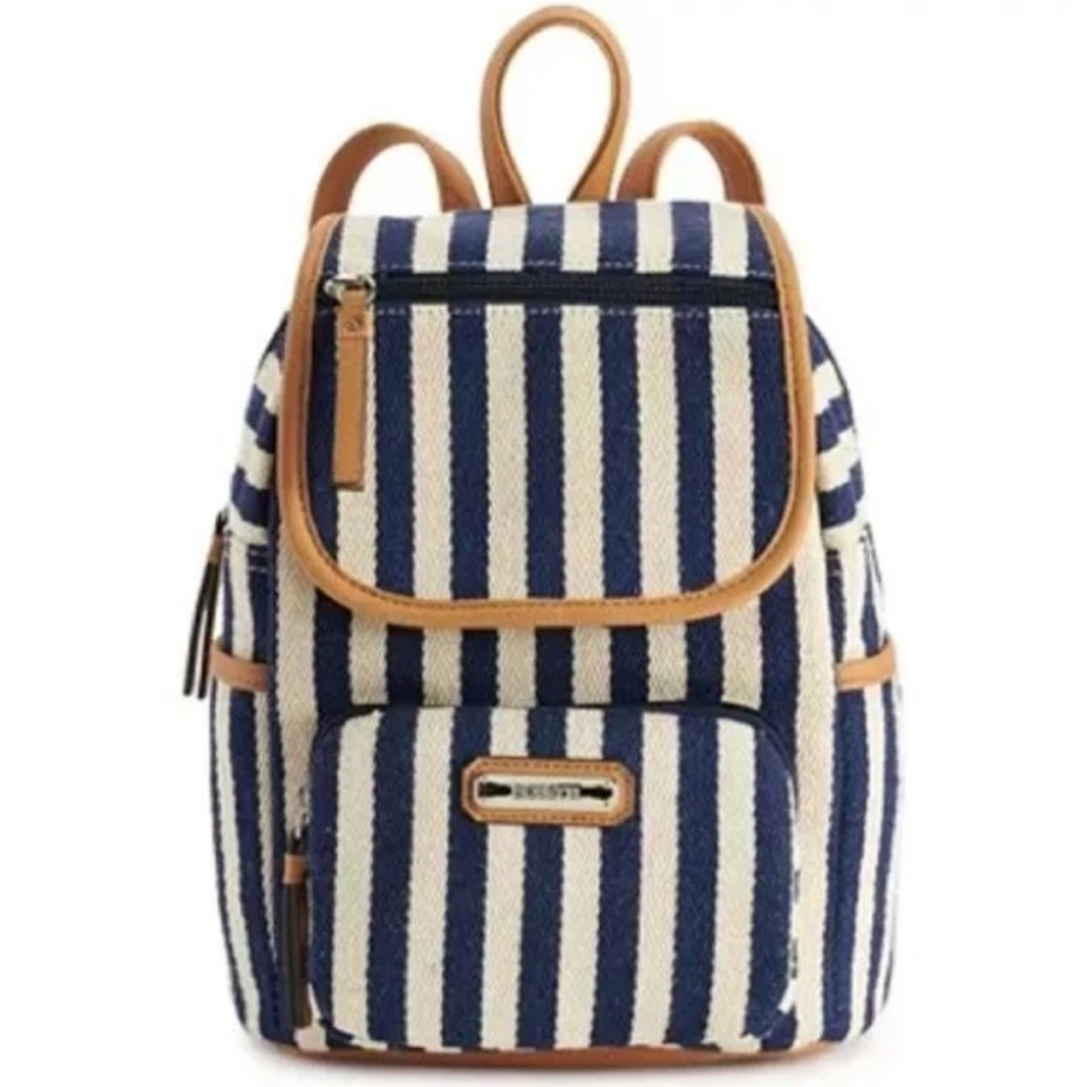 Rosetti Blue Striped Woven Backpack | Coastal style bag with brown faux leather